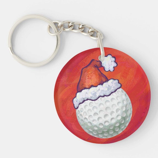 Golf Ball in Santa Hat on Red Keychain (Front)