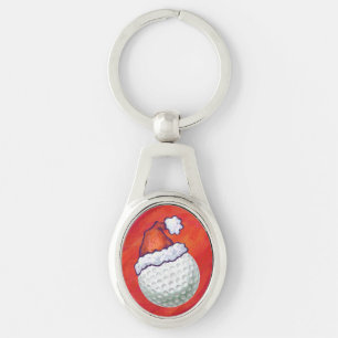 Golf Ball in Santa Hat on Red Keychain