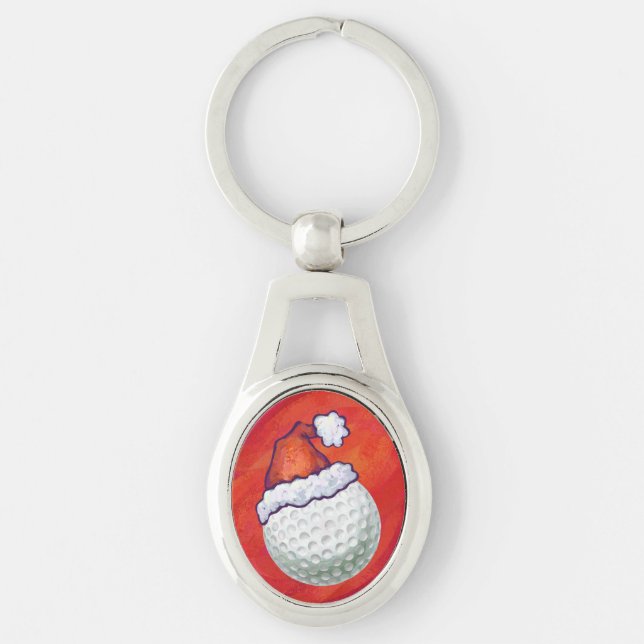 Golf Ball in Santa Hat on Red Keychain (Front)