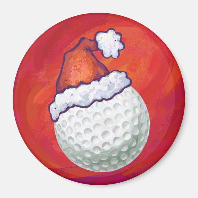 Golf Ball in Santa Hat on Red Magnet (Front)