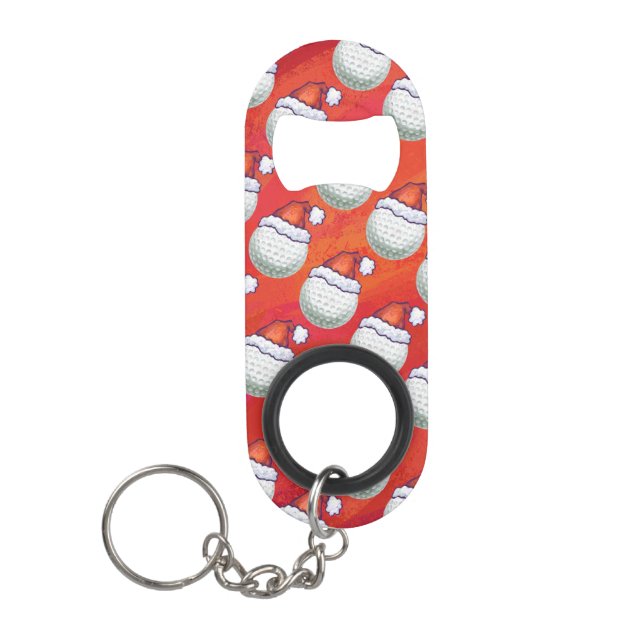 Golf Ball in Santa Hat Pattern on Red Mini Bottle Opener (Front)