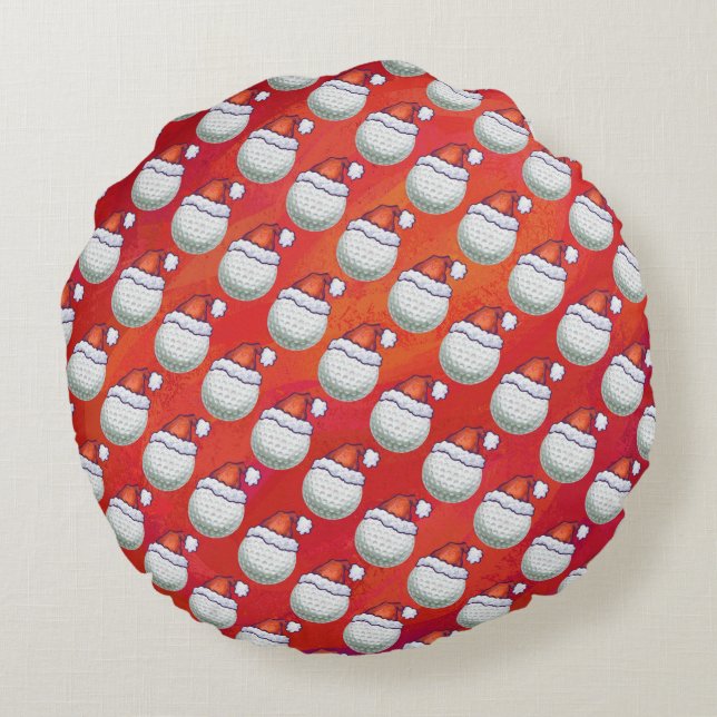 Golf Ball in Santa Hat Pattern on Red Round Pillow (Back)