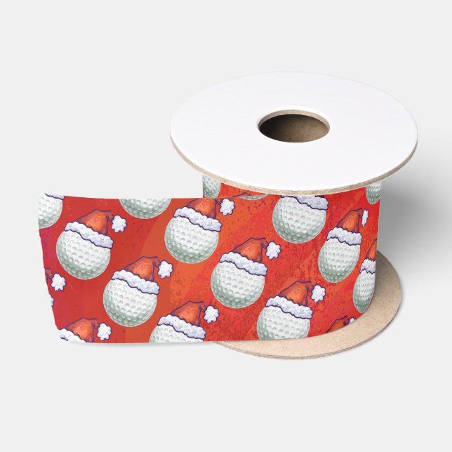 Golf Ball in Santa Hat Pattern on Red Satin Ribbon (Spool)