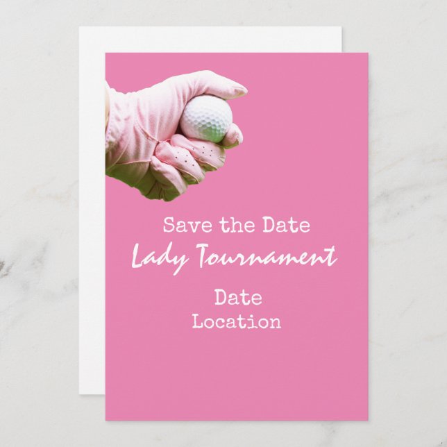 Golf ball is in lady golfer's hand on pink invitation (Front/Back)