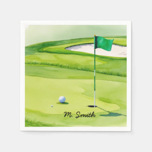 Golf ball is on putting green with your name napkin