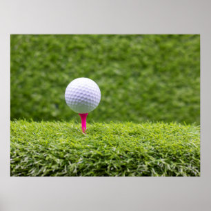 Golf ball is on tee on green grass background   po poster