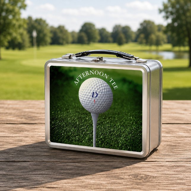 Golf Ball Monogram Afternoon Tee Golfing  Metal Lunch Box (⛳  Perfect for afternoon lunches on the fairway! Just add your initial and golf ball number ⛳)