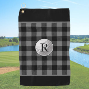 Golf ball monogrammed grey buffalo plaid custom towel