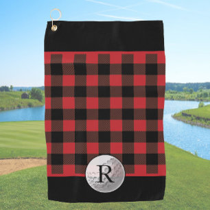 Golf ball monogrammed red buffalo plaid custom towel