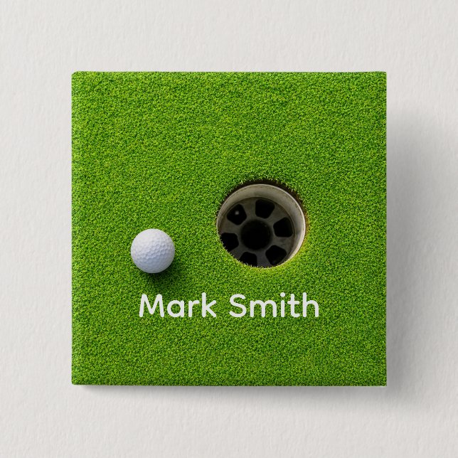 Golf Ball Next to Hole on Green Grass Golf Course  2 Inch Square Button (Front)