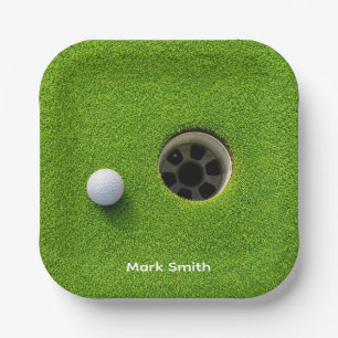Golf Ball Next to Hole on Green Grass Golf Course  Paper Plate
