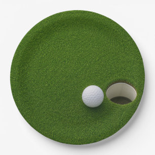 Golf Ball Next to Hole on Green Grass Golf Course  Paper Plate