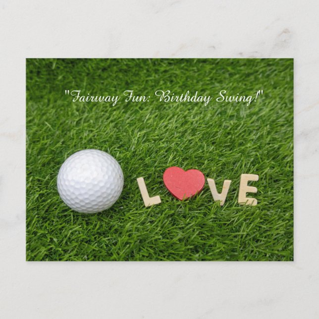 Golf ball on green grass for golfer birthday postcard (Front)