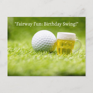 Golf ball on green grass for golfer birthday postcard