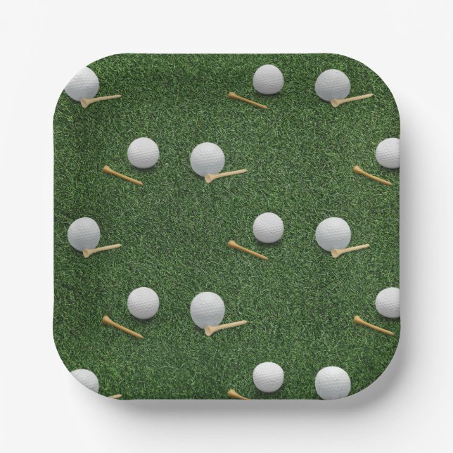 Golf ball on green grass for golfer party paper plate (Front)
