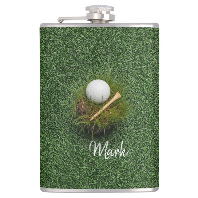 Golf ball on green grass hip flask (Front)