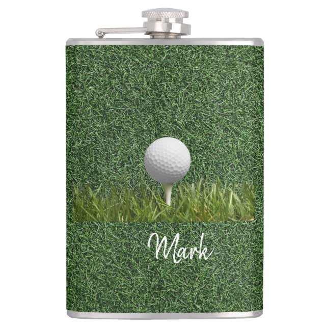 Golf ball on green grass hip flask (Front)