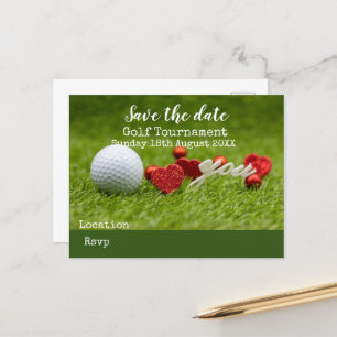 Golf ball on green save the date for golfer announ announcement postcard