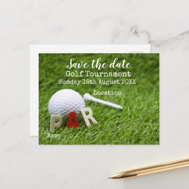 Golf ball on green save the date for golfer announcement postcard (Front/Back In Situ)