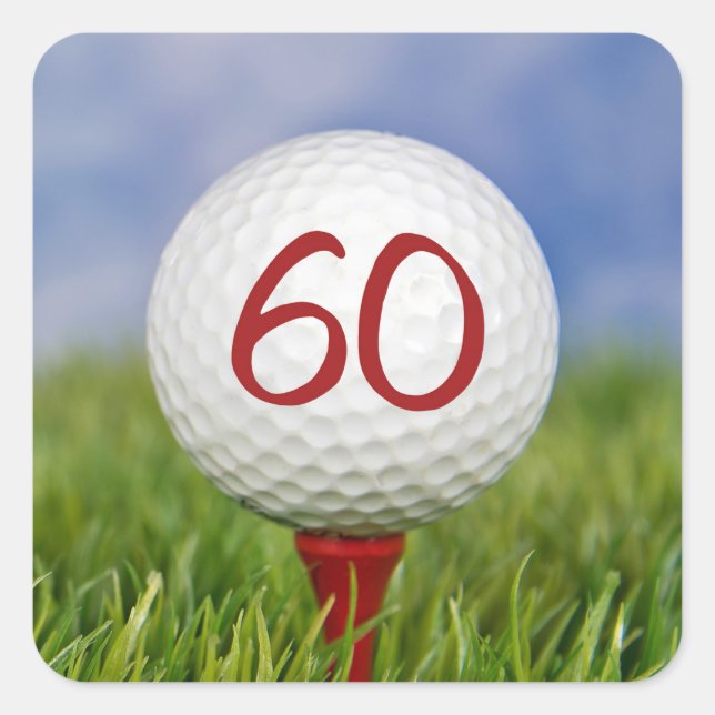 golf ball on red tee 60th birthday square sticker (Front)