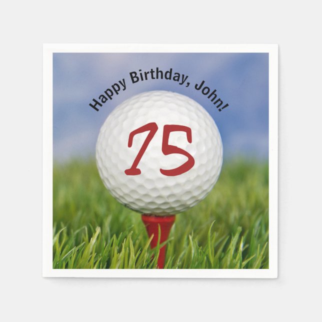 Golf ball on tee for 75th birthday napkin (Front)