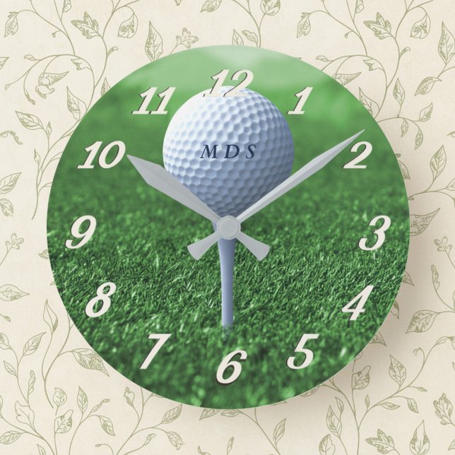 Golf Ball On Tee Green Monogrammed Golfer Clock (A personalized clock for endless rounds of golf and relaxation in retirement! a timeless gift)