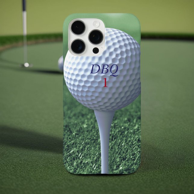 Golf Ball on Tee Monogram Modern Golfer Phone Case (A phone case for the golfer in your life (or yourself) Just add your initials and golf ball number)