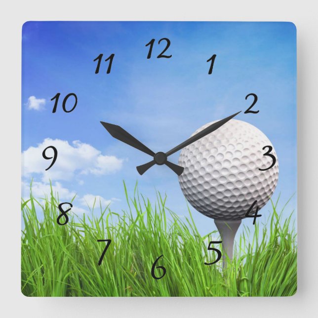 Golf ball on tee square wall clock (Front)