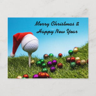 Golf ball on  tee with Santa hat for Christmas Postcard