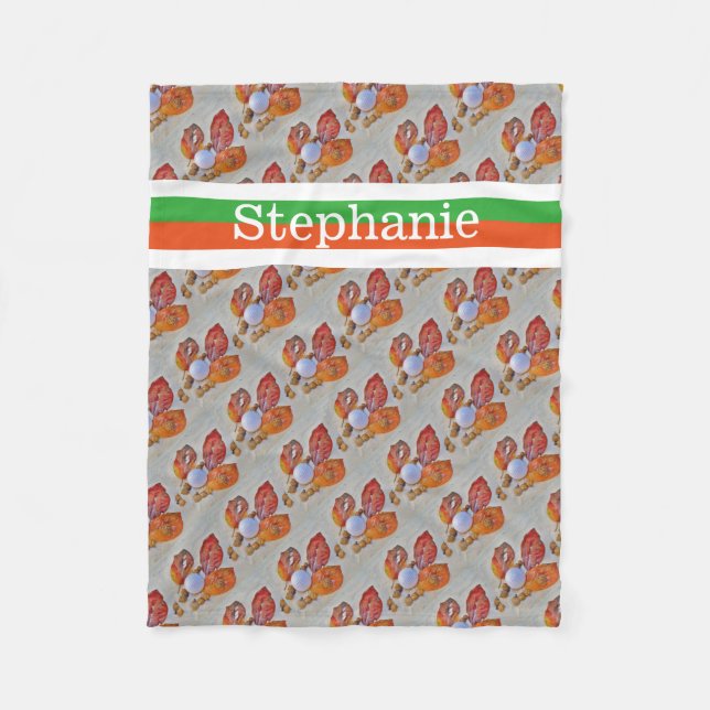 Golf ball  Personalized with name orange and green Fleece Blanket (Front)