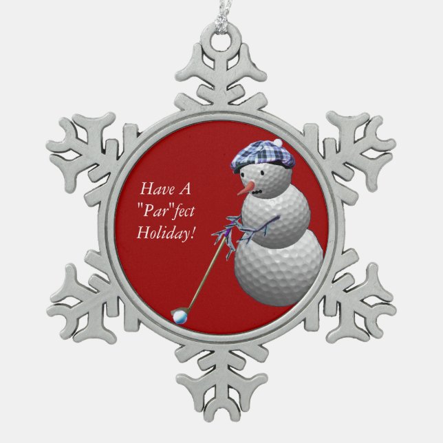Golf Ball Snowman Snowflake Pewter Christmas Ornament (Front)