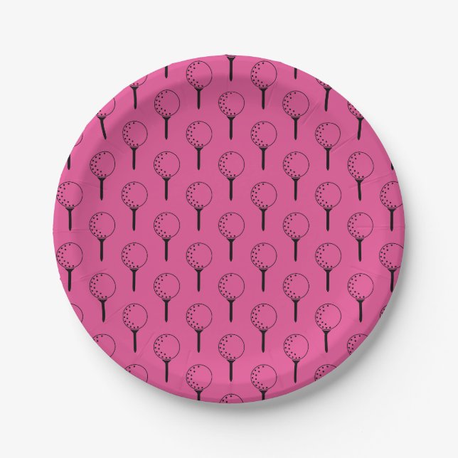 Golf Ball Tee Pattern Pink Classic Golfing Fun Paper Plate (Front)