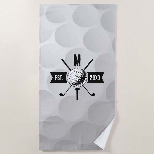 Golf Ball Texture & Club Initial Monogram Beach Towel (Front)