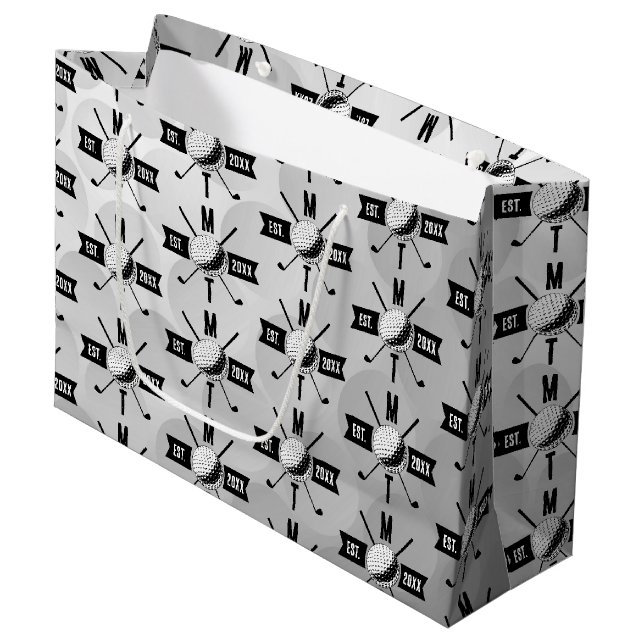 Golf Ball Texture & Club Initial Monogram Large Gift Bag (Front Angled)