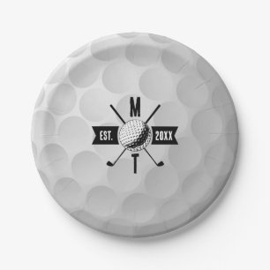 Golf Ball Texture & Club Initial Monogram  Paper Plate