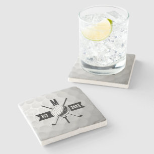 Golf Ball Texture & Club Initial Monogram Stone Coaster