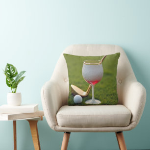 Golf Ball Wine Glass With Gold Putter Throw Pillow