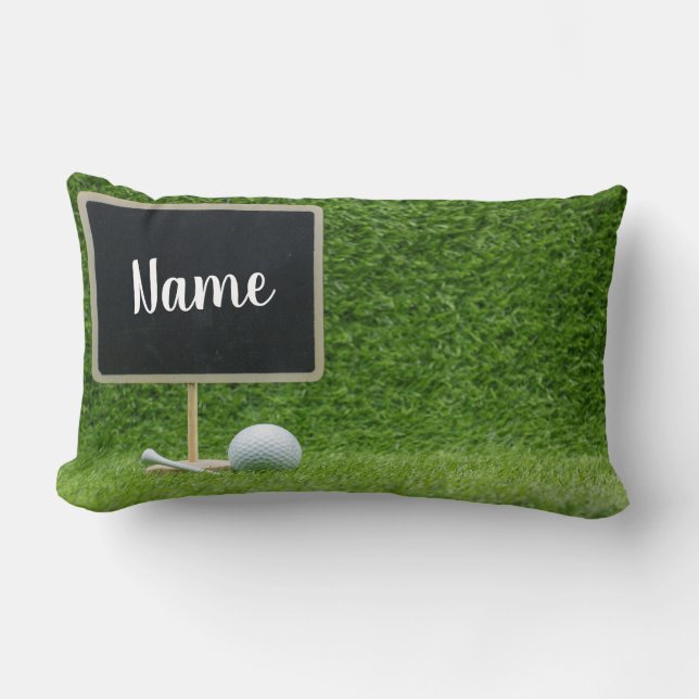 Golf ball with blank chalkboard on green grass lumbar pillow (Front)