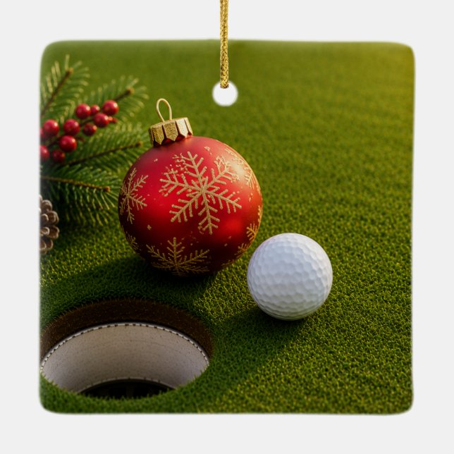 Golf Ball with Christmas Theme  Ceramic Ornament (Back)