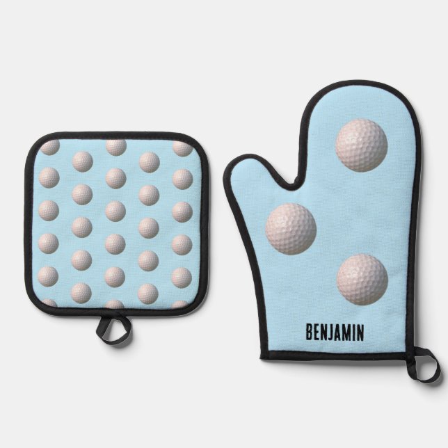 Golf Ball with Dimples Personalized Oven Mitt & Pot Holder Set (Front)