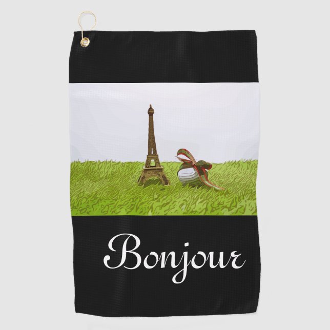 Golf ball with Eiffel Towel on green Bonjour (Front)