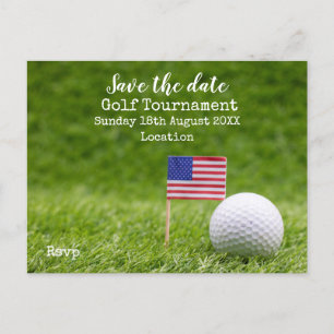 Golf ball with flag of America on green save date Announcement Postcard