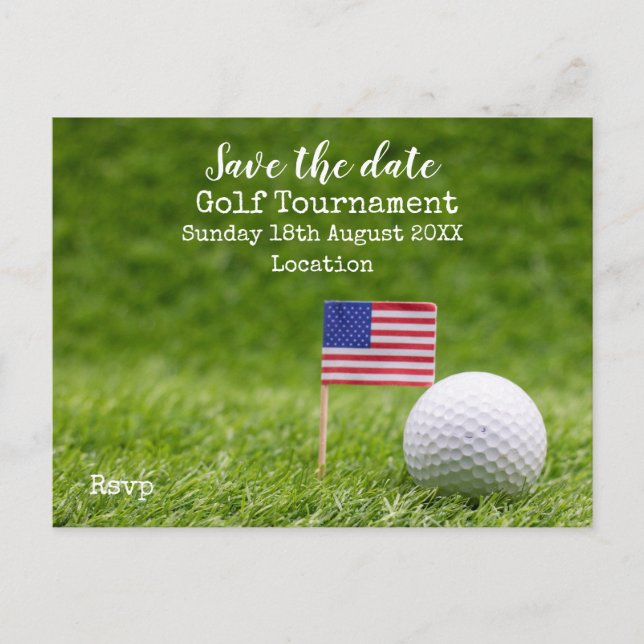 Golf ball with flag of America on green save date Announcement Postcard (Front)