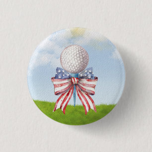 Golf ball with flag of American Ribbon Watercolor  1 Inch Round Button