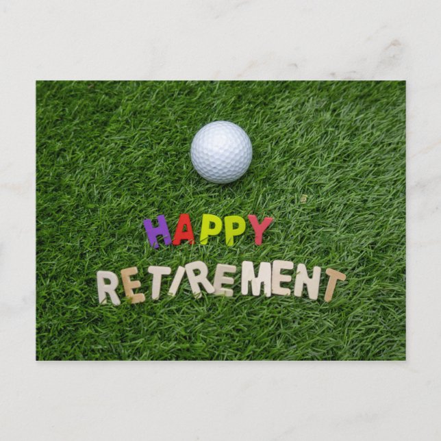 Golf ball with happy retirement on green postcard (Front)