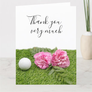Golf ball with Pink Carnation flowers on green Thank You Card