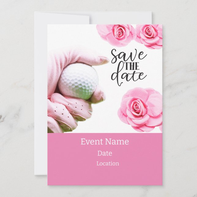 Golf ball with pink flower for woman tournament invitation (Front)