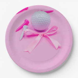 Golf ball with pink ribbon baby shower girl  paper plate
