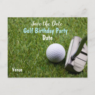 Golf ball with putter are on green grass announcement postcard