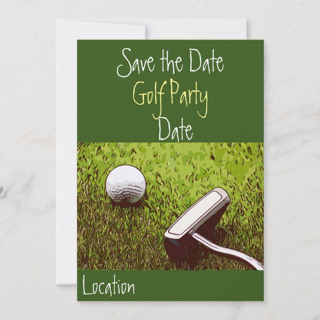 Golf ball with putter on green grass invitation (Front)